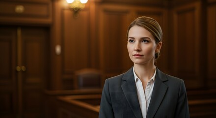 Confident Female Lawyer in Courtroom, Legal Professional, Serious Expression, Judicial System, Attorney