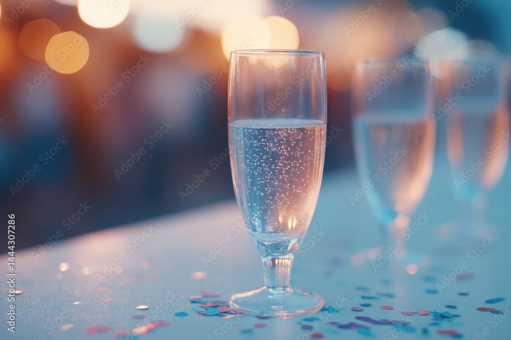 Poster minimalist composition focusing on table with empty glasses and confetti capturing essence of bachel