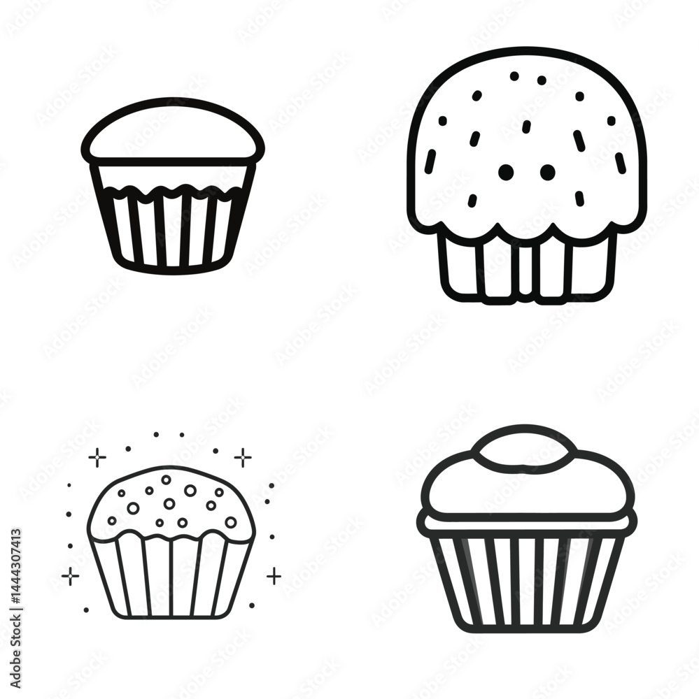 Poster assorted cupcake icon set in black line art style with transparent background