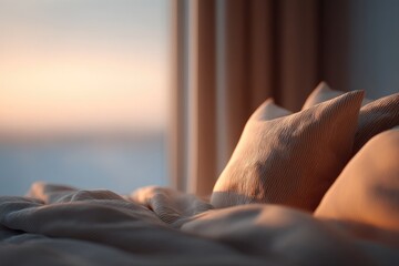 serene minimalistic bedroom scene at sunrise with soft diffused lighting cast over neatly made bed
