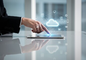 Digital transformation action business professional using tablet for cloud computing collaboration in modern office environment