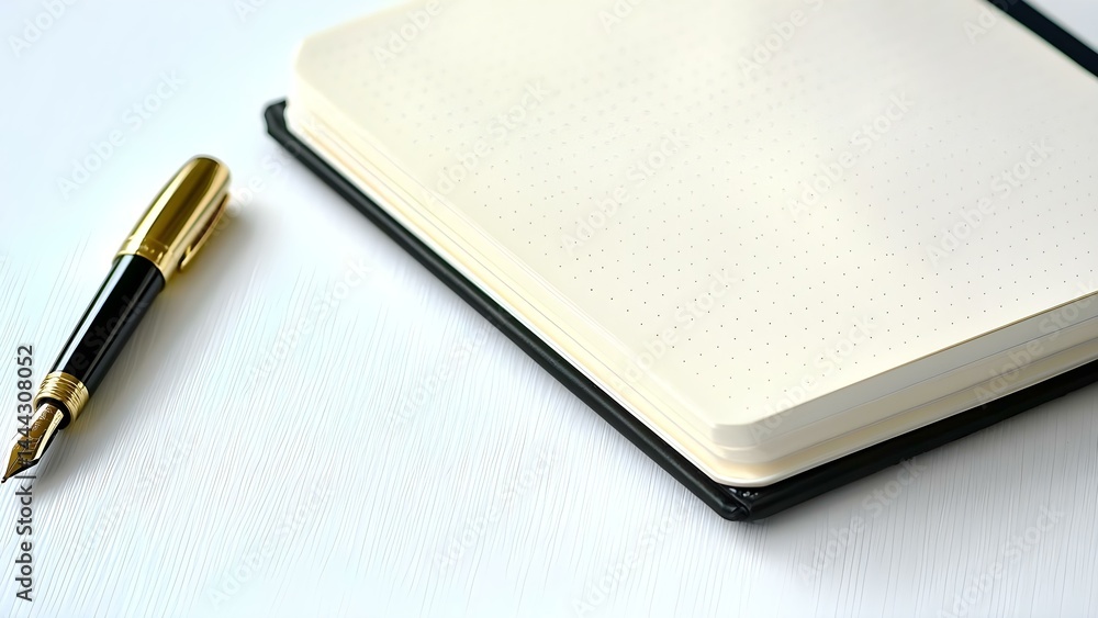 Poster a blank notepad with dotted pages next to a fountain pen on a light background. concept notepad desi