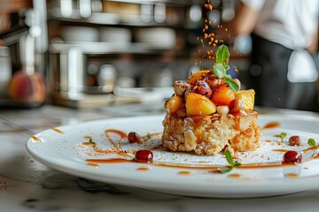 Peach Cobbler, Close-up Shot right view, served on a white plate, background of kitchen