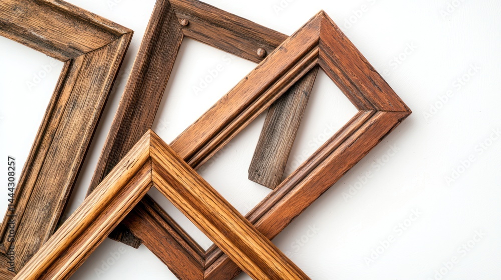 Poster assorted rustic frames with visible wood grain and aged nails on white background.