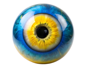 A blue and yellow eyeball isolated on white background PNG