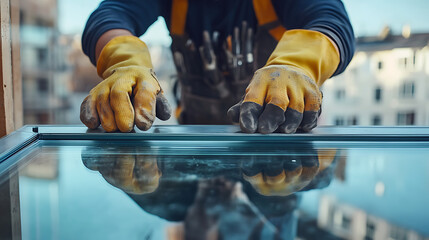 Worker Installing Glass Panel in Construction Site