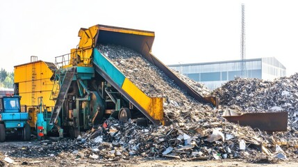 Obraz premium Industrial Waste Management Process with Large Shredding Machine Operation in Recycling Yard