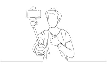 Continuous one line drawing of traveler recording video with camera mounted on selfie stick, travel vlogging concept, single line art