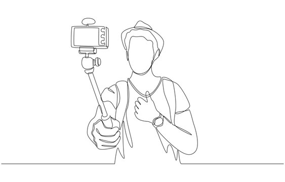 Continuous one line drawing of traveler recording video with camera mounted on selfie stick, travel vlogging concept, single line art