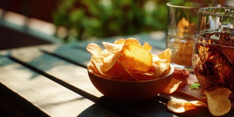 Crispy Potato Chips with Dip and Drink in Sunlight