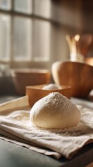 flour gently settling over round dough ball, sunlit kitchen interior, dreamy soft background