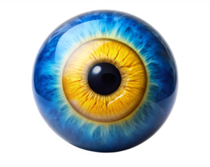 A blue and yellow eyeball isolated on white background PNG