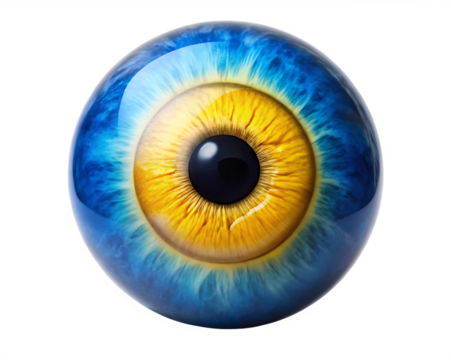 A blue and yellow eyeball isolated on white background PNG