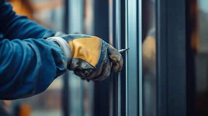 Worker Installing a Screw in Metal Frame