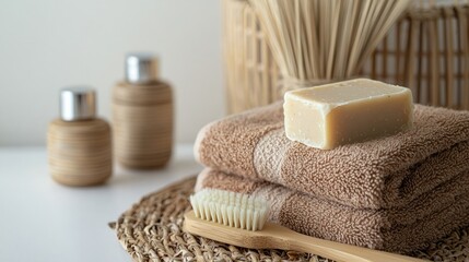 Bamboo spa set with natural soap, brush, and towels on white background.