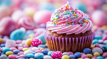 Delicious Pink Cupcake with Rainbow Sprinkles Surrounded by Colorful Candies
