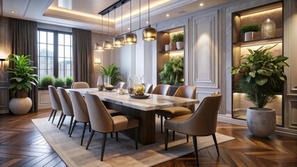 Elegant Dining Room with Modern Decor and Abundant Natural Light