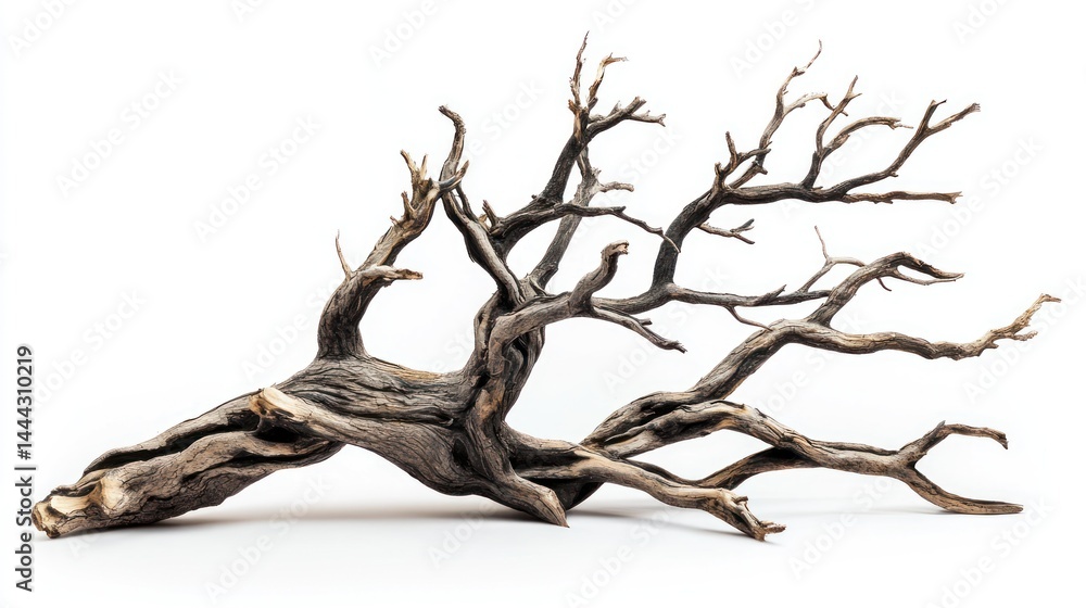 Poster bare tree with hollow trunk and sparse limbs on white background.