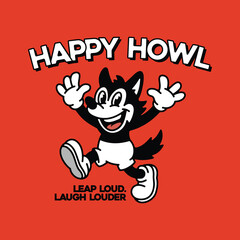 Retro Cartoon Wolf Mascot Jumping with Joy, Vintage Style Character Illustration