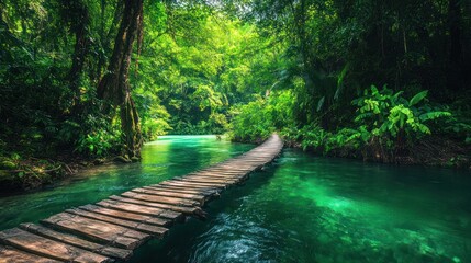 Naklejka premium Serene Jungle River Walk: Tranquil Wooden Bridge Across Emerald Waters