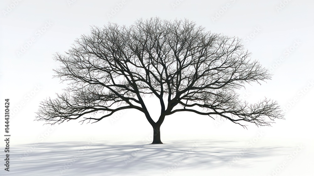 Poster bare tree with wide-reaching branches casting shadows on white background.
