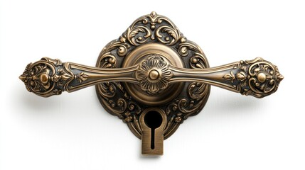 Baroque-style bronze door handle with a floral motif and keyhole, isolated on white