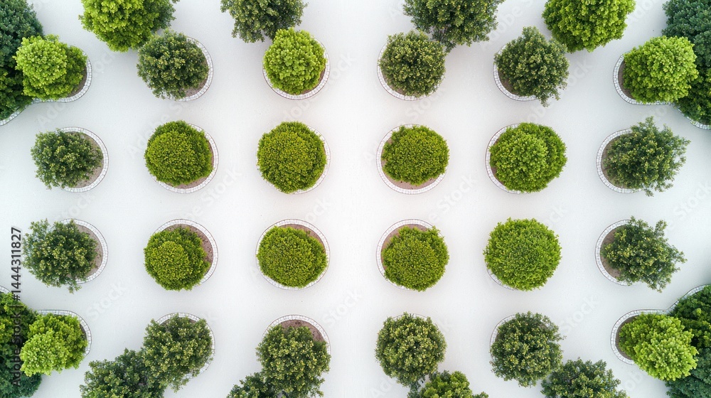 Poster birdâ€™s-eye view of a park with symmetrical tree patterns and scattered bushes on white