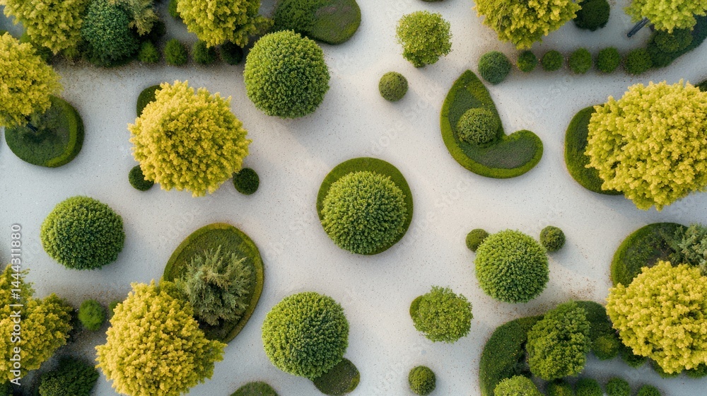 Poster birdâ€™s-eye view of a park with symmetrical tree patterns and scattered bushes on white