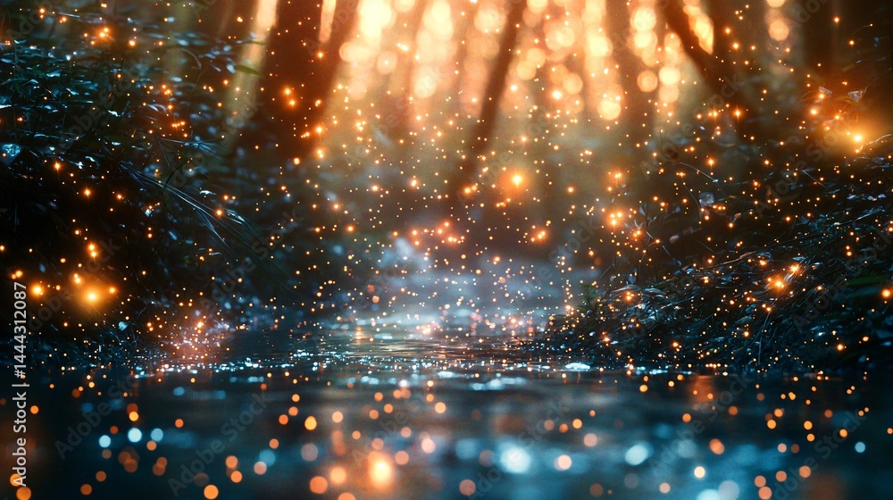 Poster mystical dark forest illuminated by bright lights creating a surreal dreamlike environment of enchan
