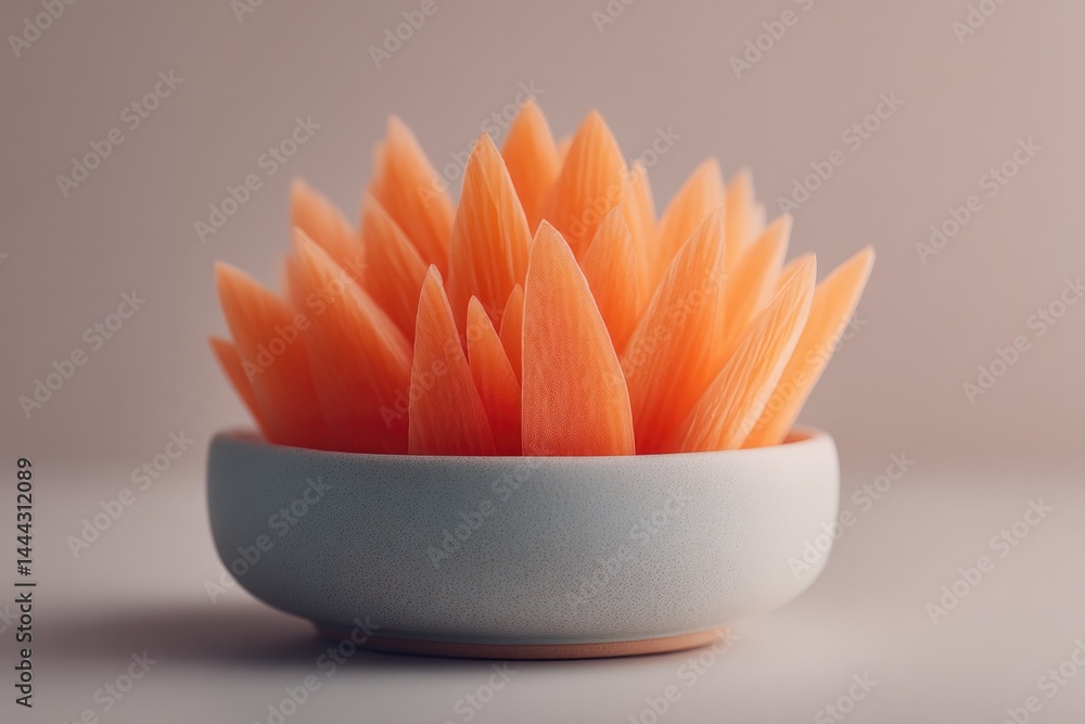 Aufkleber single carrot sliced thinly and arranged symmetrically on plain white plate with copy space