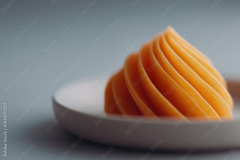 Poster single carrot sliced thinly and arranged symmetrically on plain white plate with copy space