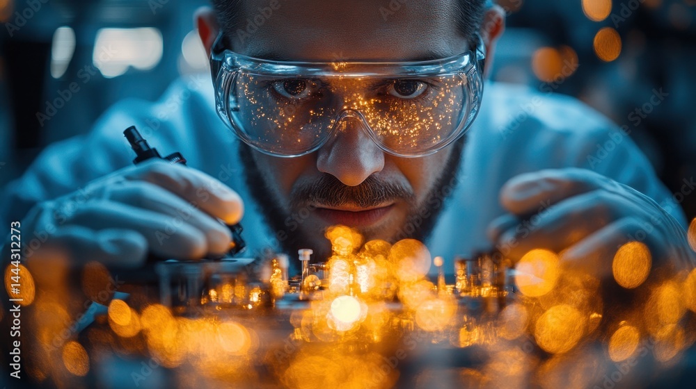 Poster focused scientist working on advanced technology in a cutting-edge lab