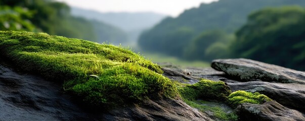 Green moss across peaceful landscape with natural beauty concept. Lush green moss covering rocks in a serene natural landscape.