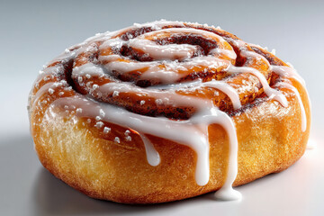 Fototapeta premium Cinnamon Swirl Delight: An overhead shot highlights a fresh, golden-baked cinnamon roll, drenched in a luscious, sweet glaze, promising a moment of pure indulgence and warmth.