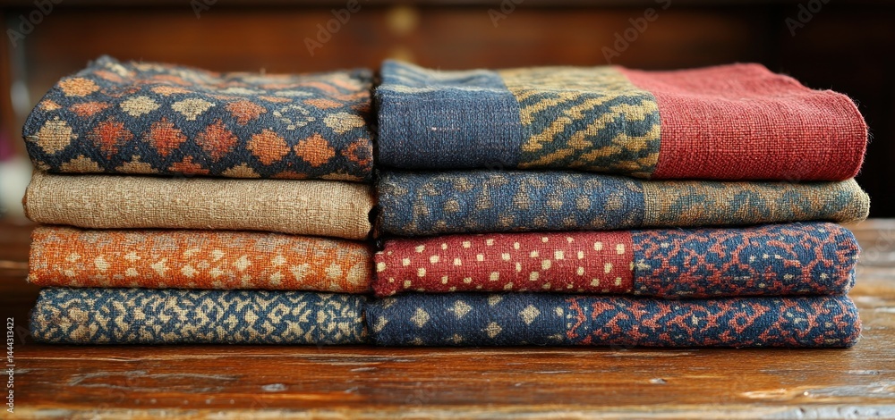Poster stack of woven textiles with earthy tones and intricate patterns
