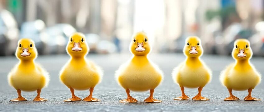 Quacking Quintet: A line of adorable ducklings stand confidently, capturing the essence of youth, curiosity, and the wonder of the natural world.