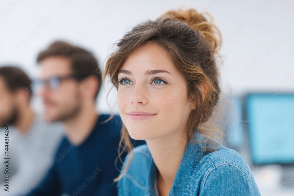 Poster minimalistic clear image capturing diverse group of professionals at modern workspace thoughtfully e