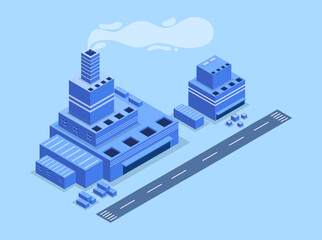 Isometric illustration of factory with adjacent road infrastructure