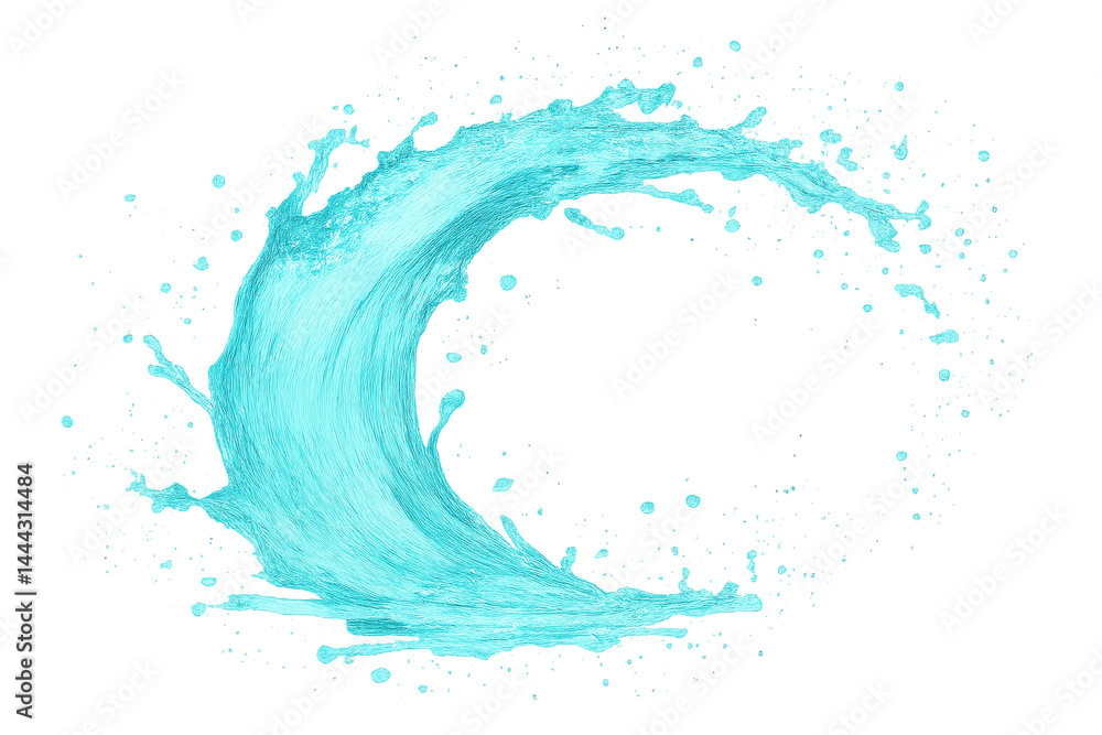 Poster a dynamic blue wave forms a curling arc with splashes and droplets in motion.