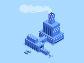Isometric modern factory building with minimal cloudscape background