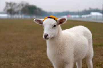 Obraz premium single lamb adorned with vibrant decorations stands calmly in foreground