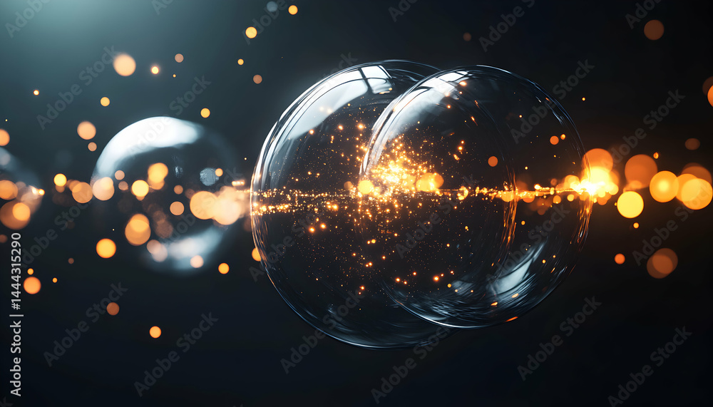 Poster abstract image of two luminous spheres connected by a stream of golden sparks against a dark backgro