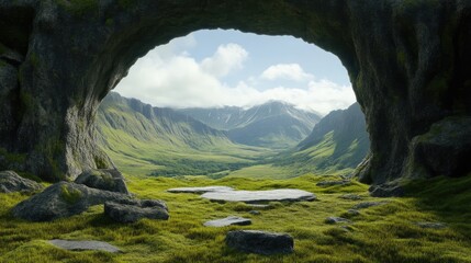 Mountain Valley Through Cave Opening