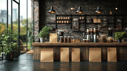 Coffee shop counter with city view.
