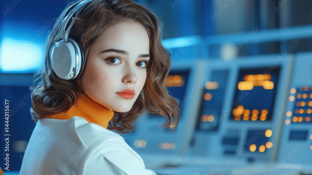 Poster glamorous female hacker in a 1950s retrofuturistic control room, massive blinking computers