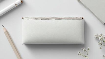 Blank white leather pencil case on a white surface with stationary and flowers.
