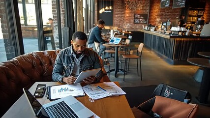Professional man working on tablet in modern caf? with busy background and cozy atmosphere