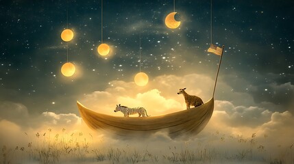 Animal figures dreamlike boat floating clouds