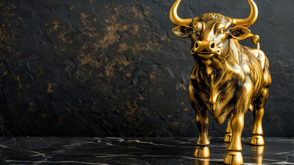 Golden bull statue charging forward with dynamic movement, symbolizing stock market growth, financial success and economic prosperity, isolated with copy space.