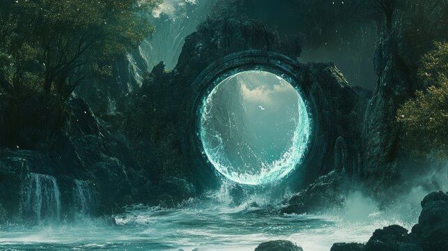 Mystical circular portal in a lush, dark forest with waterfalls, glowing with ethereal light.